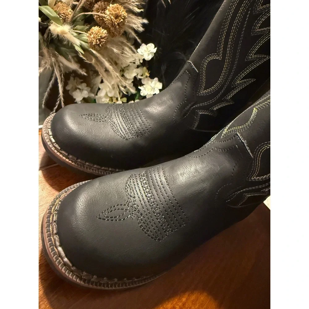 Rollda Western Cowboy Boots Childrens Size 4LK Black Contrast Stitch NZX39
